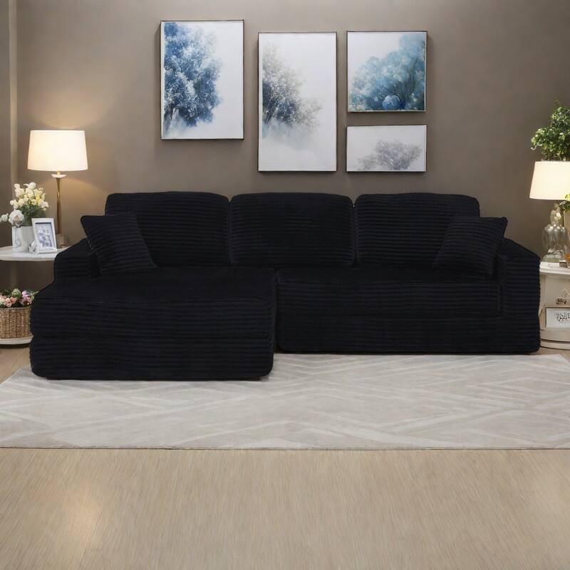 112.6" L-Shaped Modular Sectional Left sofa seat with Queen Sleeper Function, Corduroy Upholstery and No Assembly Required - Black
