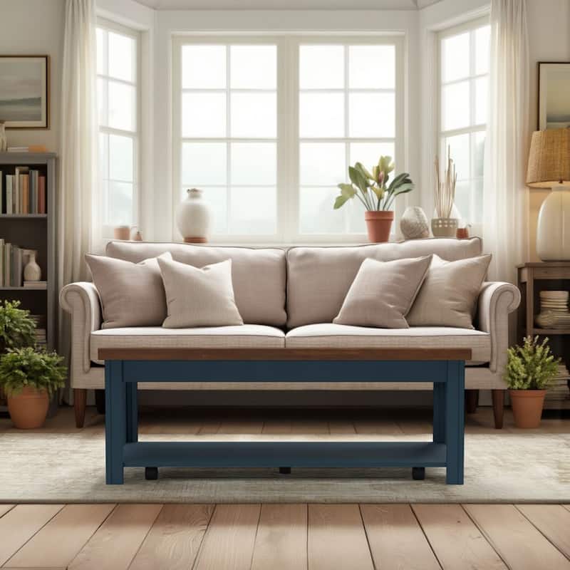 Bridgevine Home Nantucket 48 inch Coffee Table, No Assembly Required, Blue Denim and Whiskey - Blue Denim and Whiskey - Wood