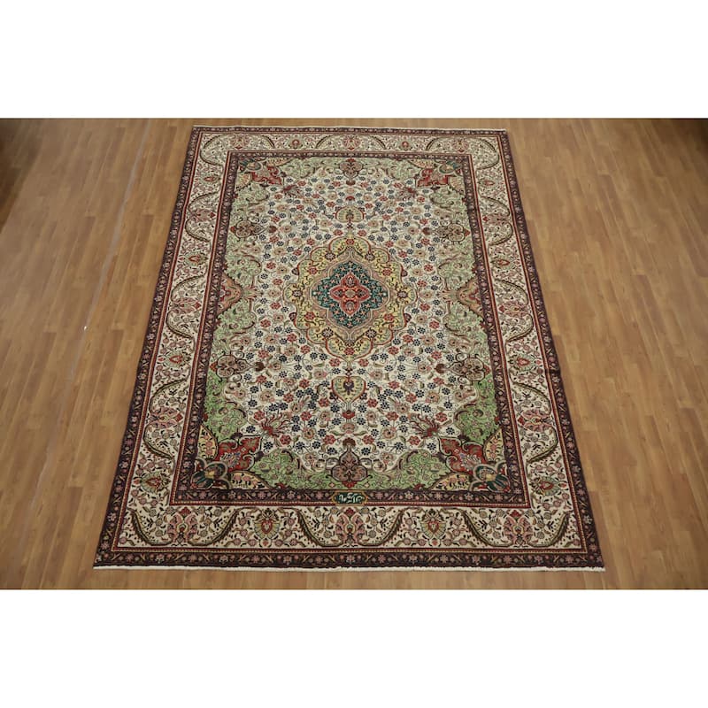Hand Knotted Oriental 100% Wool Carpet Traditional Geometric Beige & Ivories Tabriz Area Rug - 11' 3'' X 8' 2''