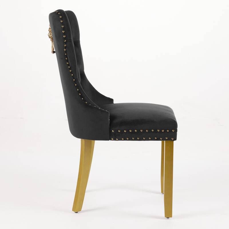 High-end Tufted Solid Wood Contemporary Velvet Upholstered Dining Chair with Golden Wooden Legs Nailhead Trim 2-Pcs Set