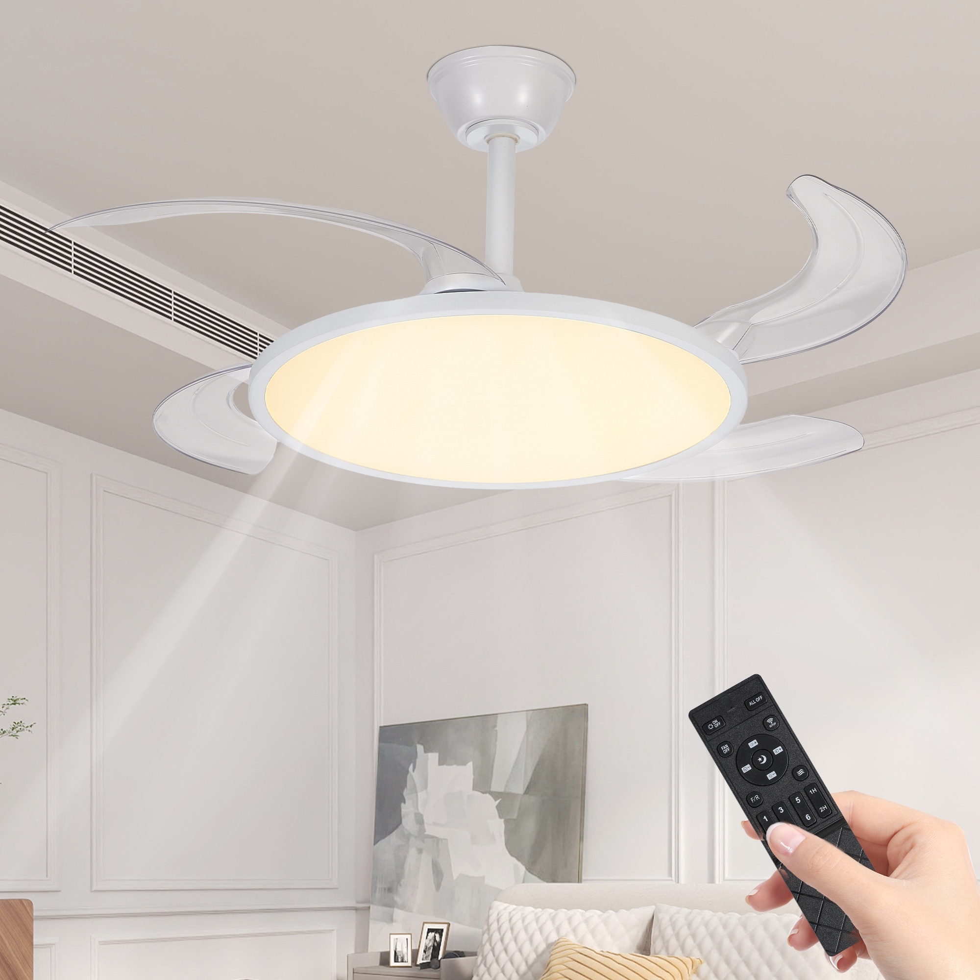 42" White Ceiling Fan with Dimmable Light and Remote