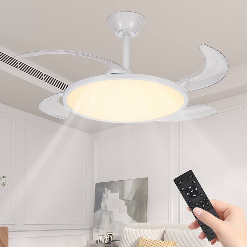 42 Inch Retractable Ceiling Fan,Low Profile Ceiling Fan with Light and Remote - White