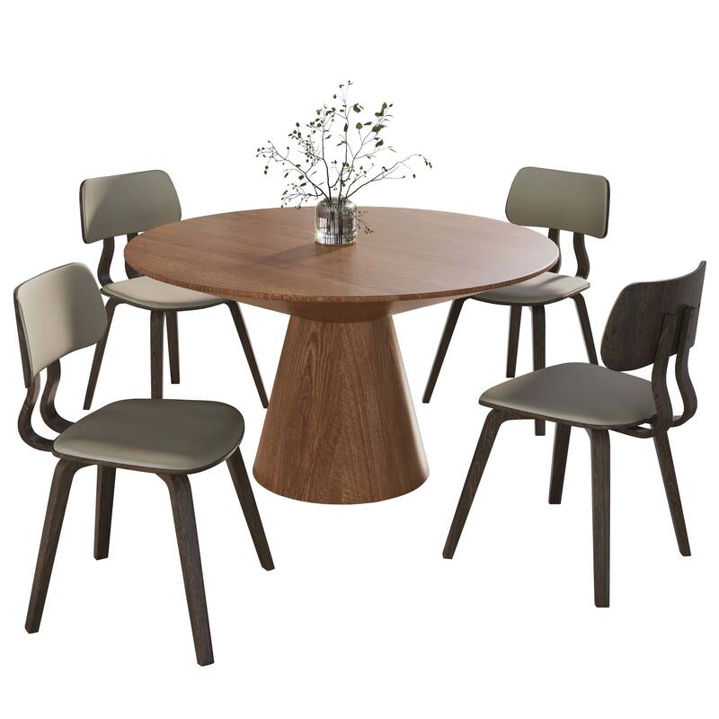 5-Piece Dining Set with 47-Inch Round Ash Wood Dining Table and 4 Leather Accent Side Chairs - Dark Walnut/Taupe
