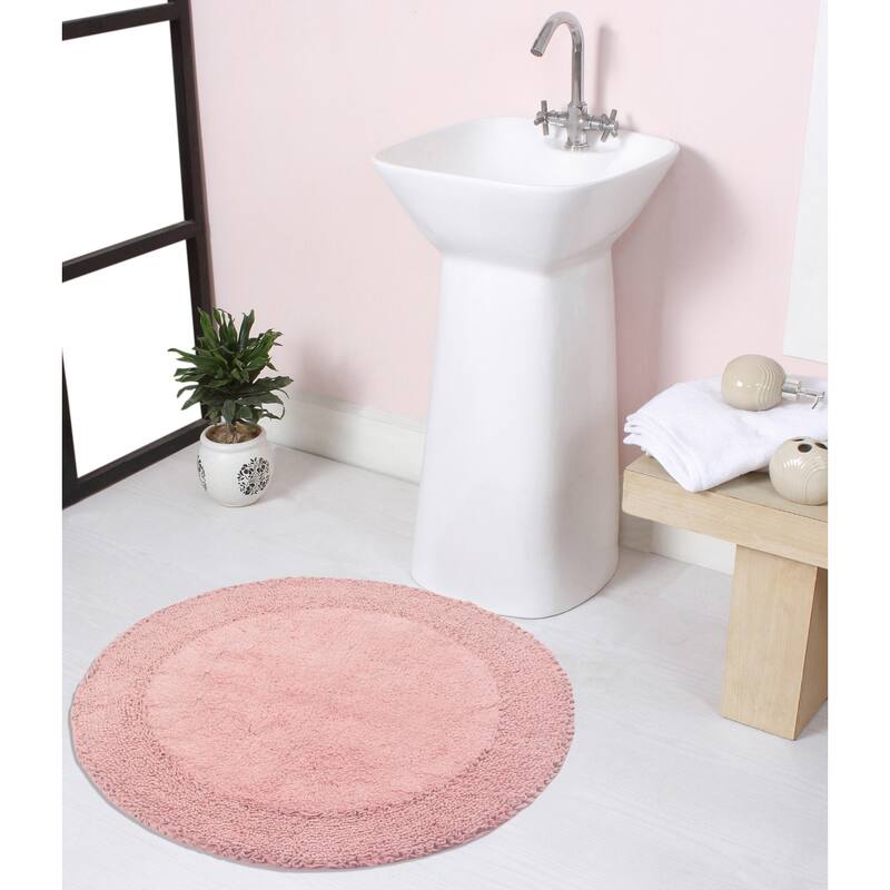 Double Ruffle Cotton Bathroom Rug, Water Absorbent Bath Rug, Non Slip Shower Rug Machine Washable 28" Round - Pink