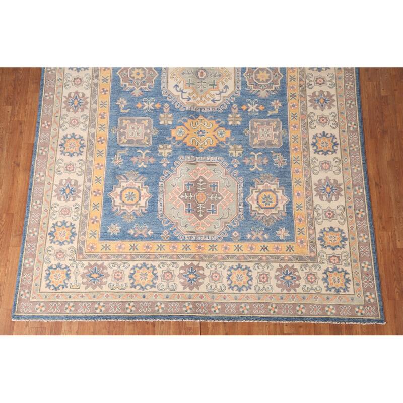 Geometric Blue Kazak Living Room Area Rug Hand-Knotted Wool Carpet - 6'8" x 9'9"