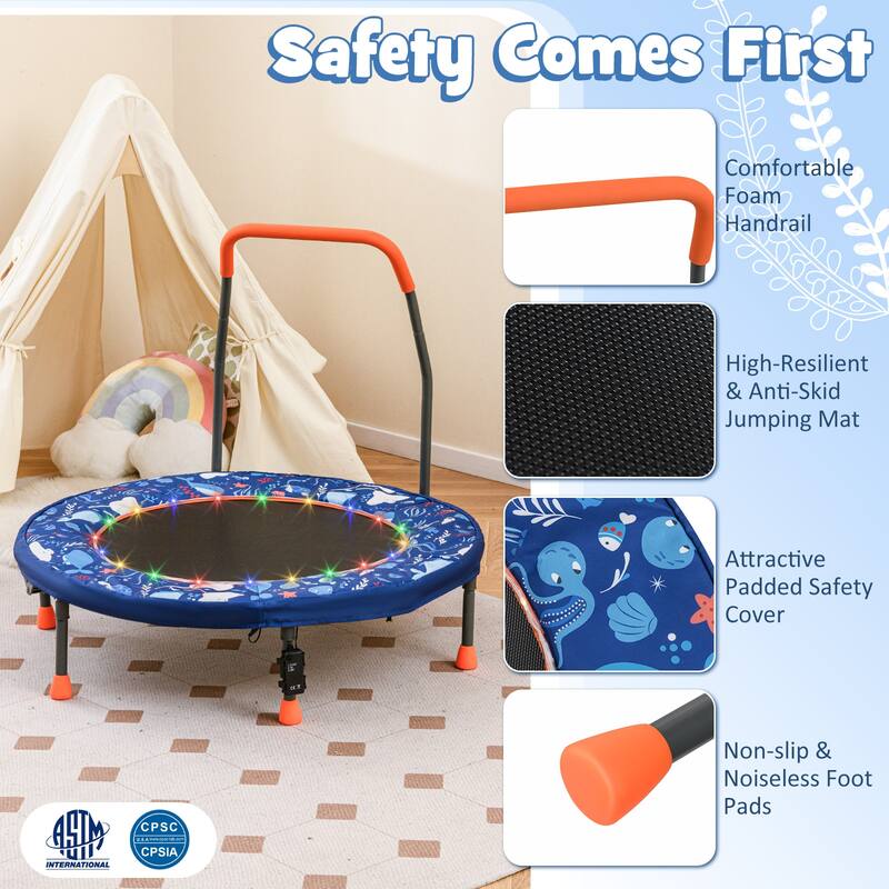 Foam Kids Trampoline with LED Lights, Foldable Frame and Handrail