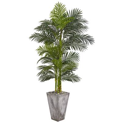 7' Golden Cane Artificial Palm Tree in Cement Planter - Green