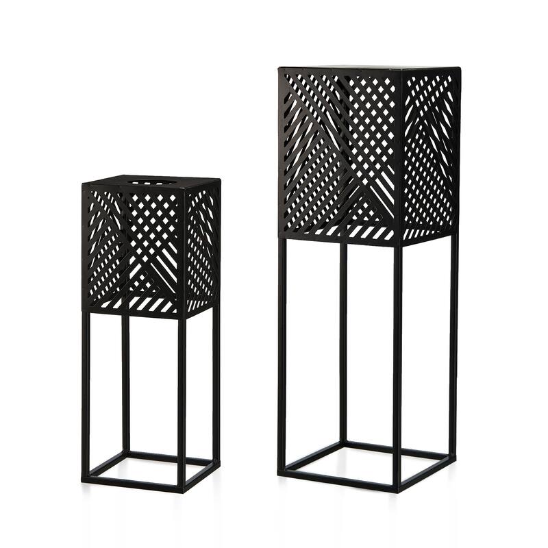 Glitzhome Set of 2 Black Metal Cutout Pattern Solar Powered Edison Bulb Outdoor Floor Lantern or Planter Stands