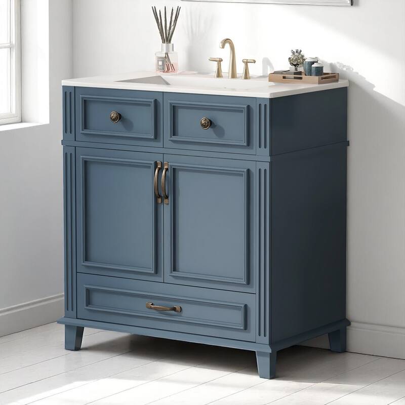 30"Bathroom Vanity with Sink - Solid Wood Frame, Ceramic Basin, Soft-Close Doors,Modern Retro Style with Drawer Storage Cabinet