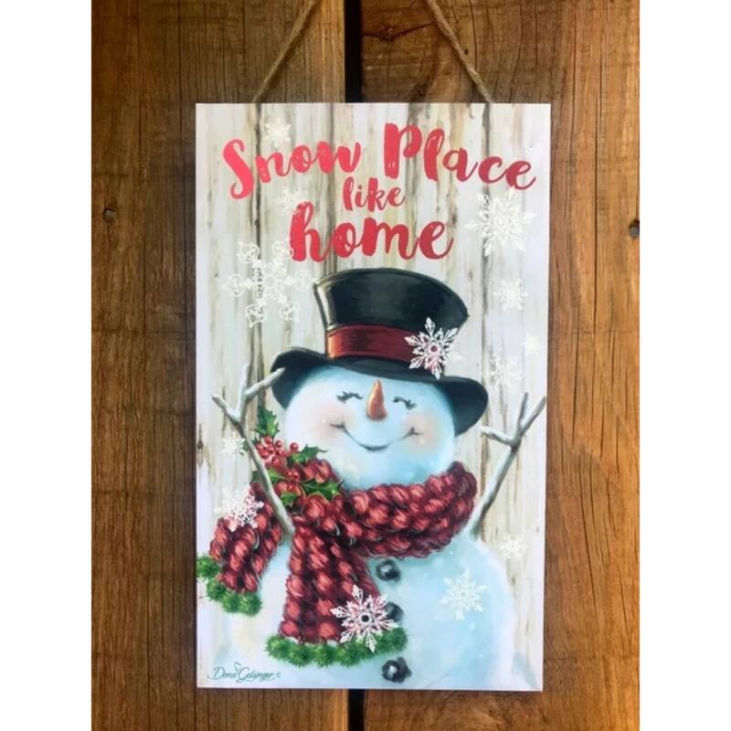 White Red Snowman Printed Christmas Wall Sign Rope Hanger 10" x 6"