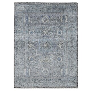 Shahbanu Rugs Columbia Blue Silk with Textured Wool Hi-Low Pile Mamluk ...