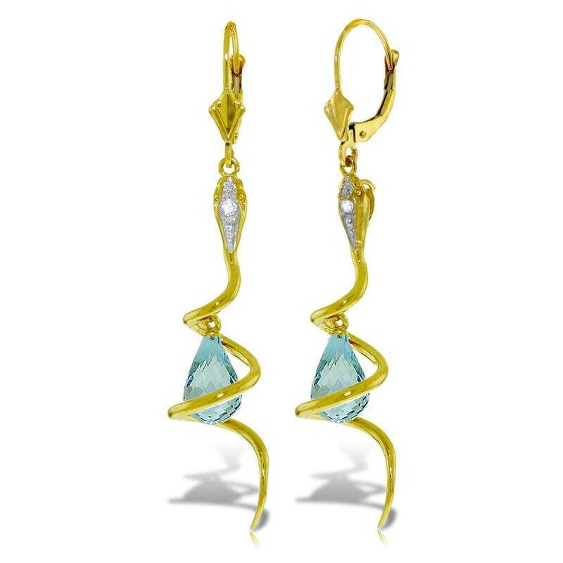 14K Solid Gold Snake Earrings w/ Dangling Blue Topaz & Diamonds - Yellow