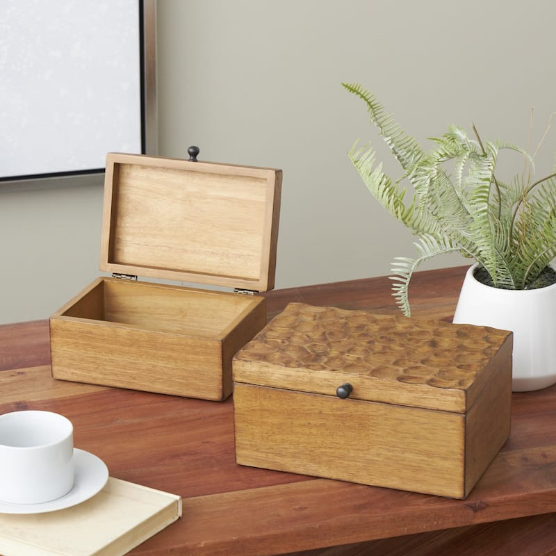 Wood Geometric Textured Concave Honeycomb Storage Decorative Box with Black Knobs - Set of 2 Brown - Roche River Decor