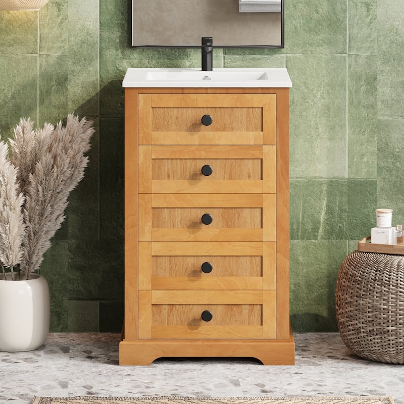 Roomfitters 20 Inch Bathroom Vanity with Integrated Ceramic Sink, Solid Wood Frame Storage Cabinet for Small Rooms, Natural Wood - Natural Wood