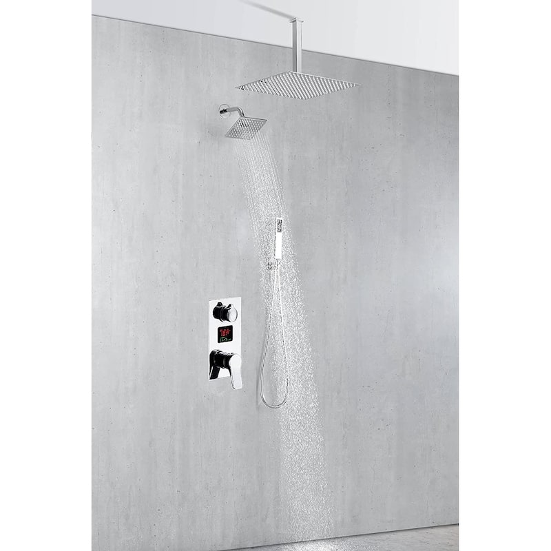 chrome ceiling mounted dual shower head 3 way digital display anti scald shower system - 7'6" x 10'9"
