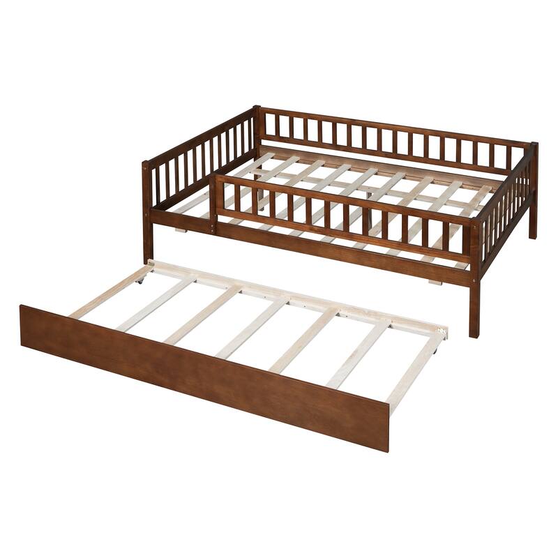 Full Size Wood Daybed with Trundle and Fence Guardrails in Walnut Finish