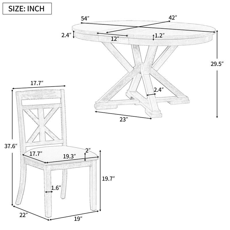 5Piece Dining Room Furniture Set, Round Extendable Table and 4