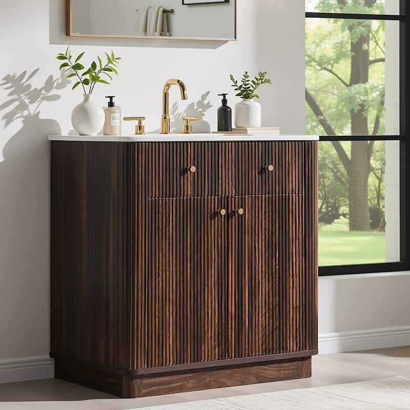Fluted Bathroom Vanity with Sink, Storage Cabinet & Adjustable Shelf - Brown