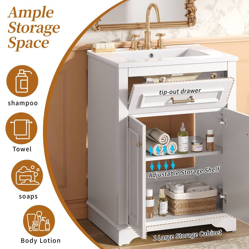 24" Bathroom Vanity with Integrated Ceramic Sink, Bathroom Cabinet with 2 Doors, 1 Tip-Out Drawer