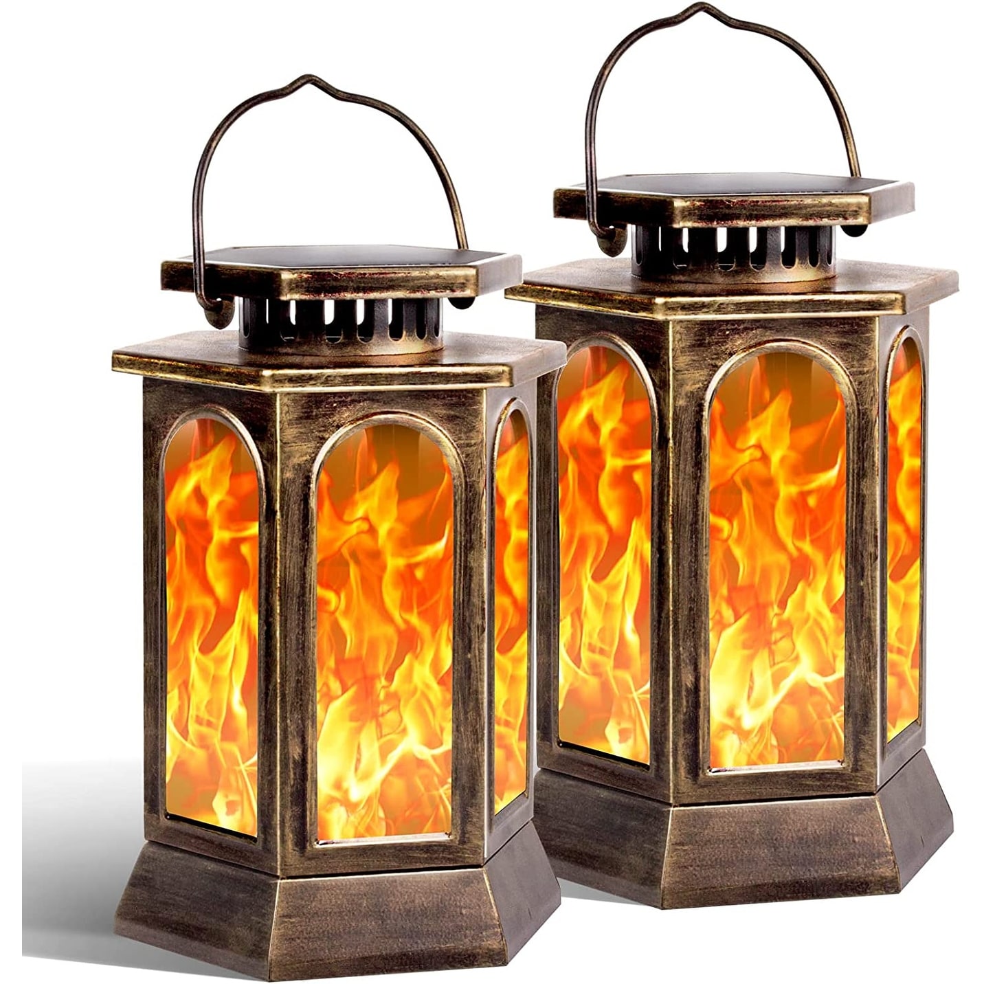 WaLensee 8.7'' Bronze Solar Lights Outdoor With Flickering Flame Metal Solar  Powered Lanterns Hanging Light (Set of 2) Bed Bath  Beyond 37920395