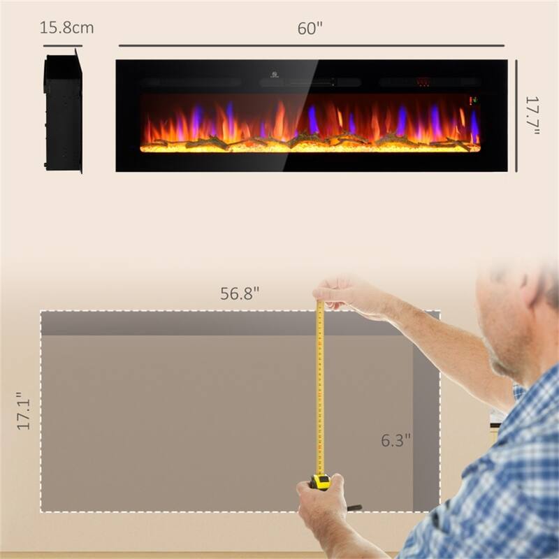 60" Wall Mount Electric Fireplace with Faux Logs and 1500W Heating Remote Control Included - 60" W x 6.2" D x 17.7" H