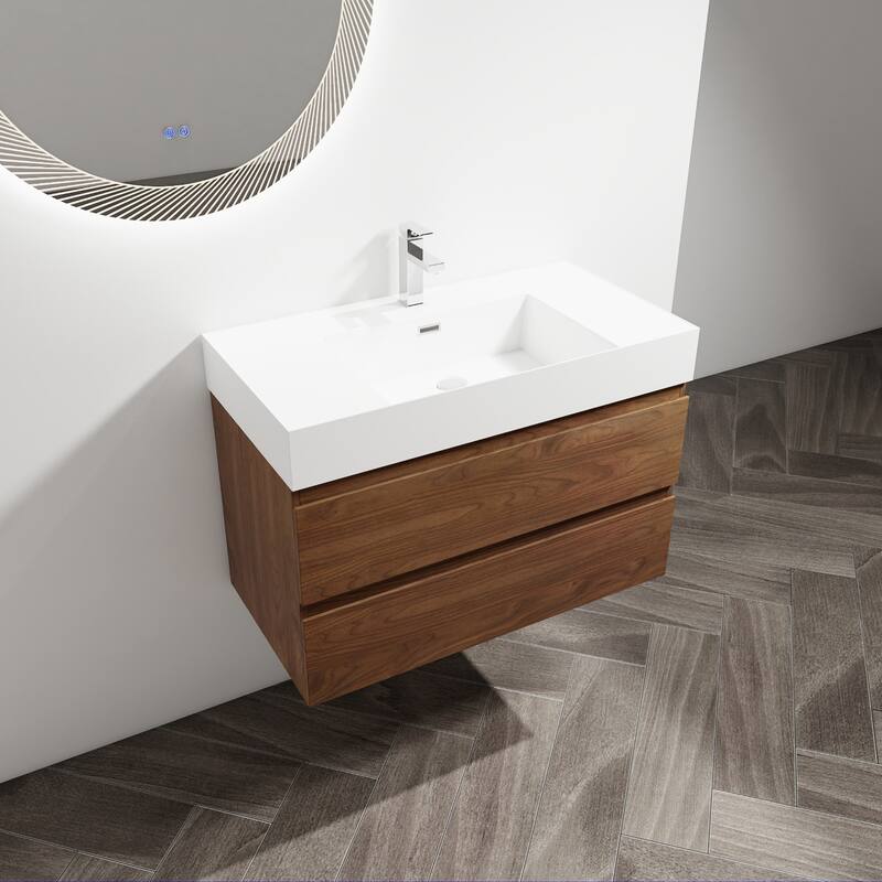 24/30/36 Single Sink Wall-Mounted Bathroom Vanity with Integrated Thick Edge Resin Sink