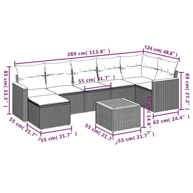 vidaXL Patio Sofa Set with Cushions Outdoor Conversation Furniture Poly Rattan - 21.7 x 21.7 x 14.6 in