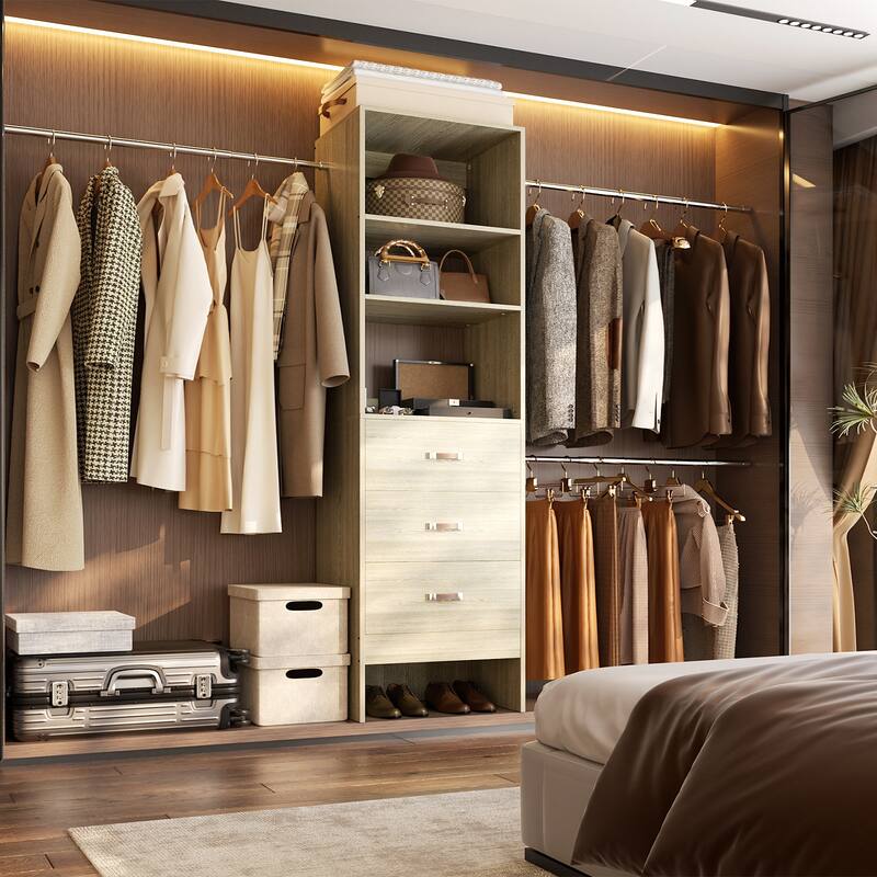 20.5-96'' W Closet Organizer System with Extendable Hanging Rods and Drawers and Tower Shelves - Washed Oak