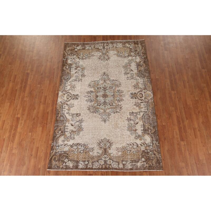 Distressed Sparta Turkish Vintage Rug Hand-Knotted Beige Wool Carpet - 5'11"x 9'1"