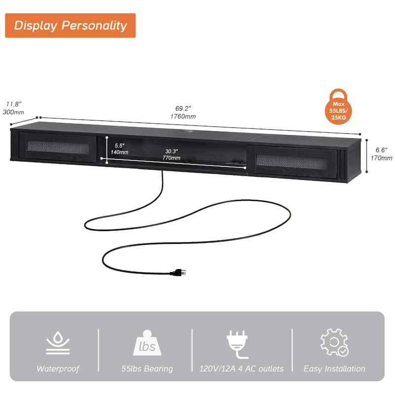 WAMPAT Floating TV Stand Shelf with Power Outlet and 2 Rattan Doors