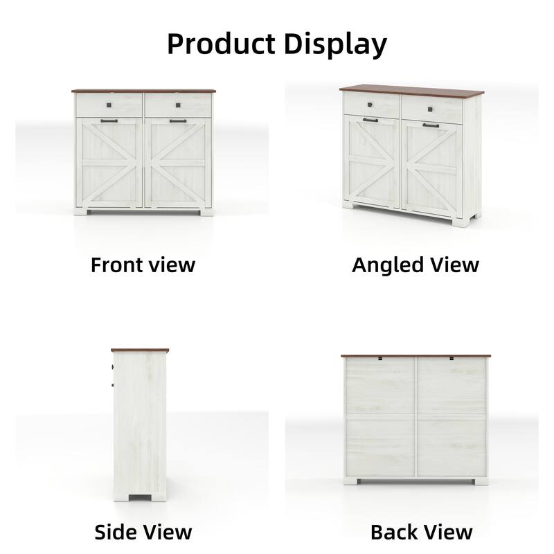 Tilt Out Trash Cabinet, Freestanding Wooden Trash Recycling Cabinet, Hidden Dual Laundry Cabinets with 2 Drawers & 2 Baskets