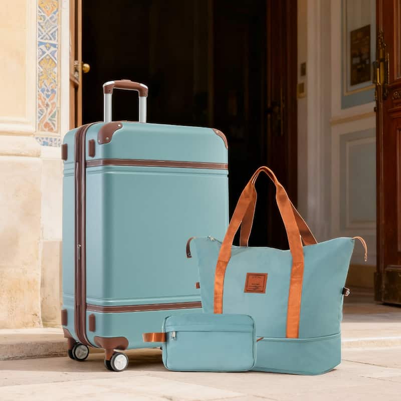 3-Piece, 24-Inch Vintage Hard-Shell Luggage Lightweight Luggage with Swivel Wheels and TSA Lock, for Boarding Travel, Green