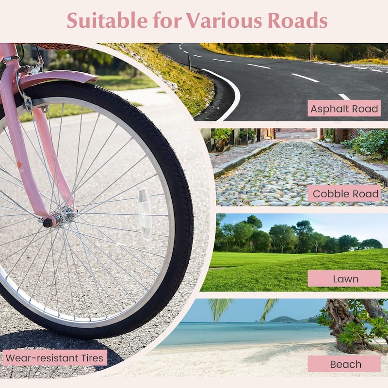 Gymax 26-Inch Beach Cruiser Bike w/Adjustable Seat Woven Basket & Rear