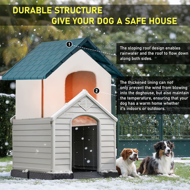 BOSSIN Insulated & Waterproof Dog House, Indoor/Outdoor Puppy Shelter with Elevated Floor & Liner for All Size Dogs