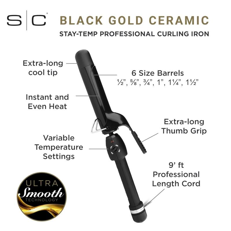 StyleCraft Black Gold Stay-Temp Professional Curling Iron Set 3 sizes included 1", 1.25" and 1.5"