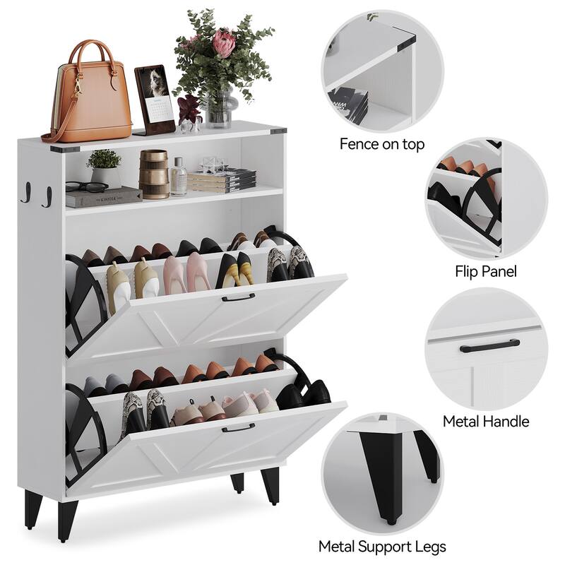 Shoe Rack, Shoe Cabinet with 2 Flip Drawers, Front Door Shoe Rack with Metal Legs and Adjustable Shelf