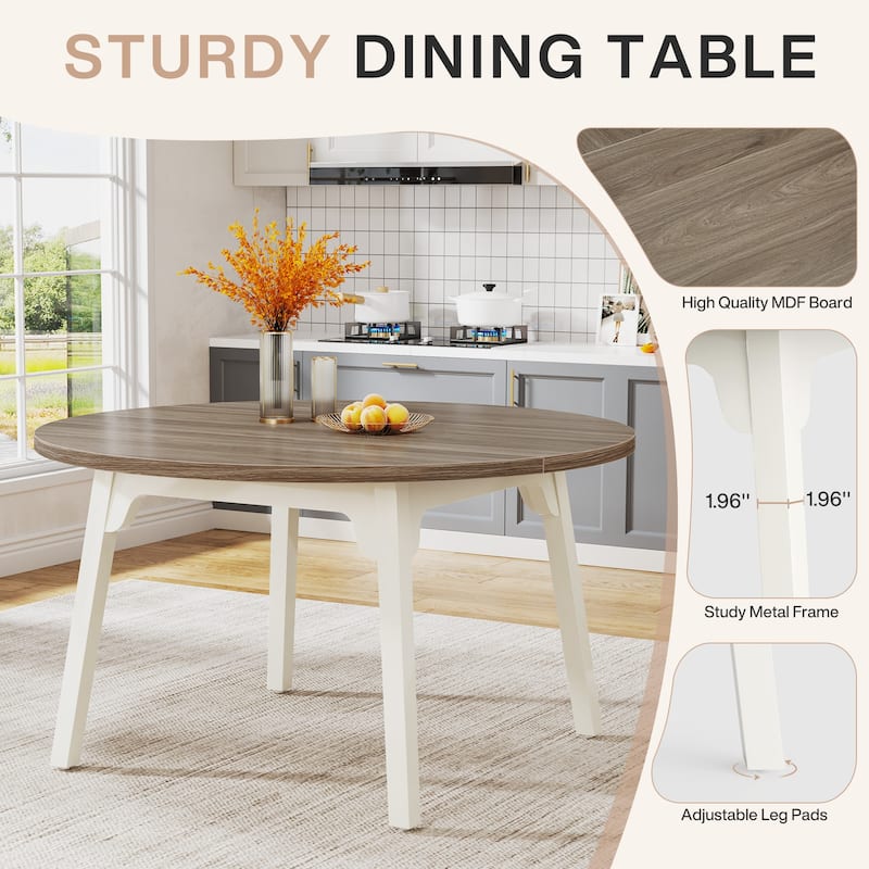47 Inch Round Dining Table for 4, Farmhouse Kitchen Table - Brown and White