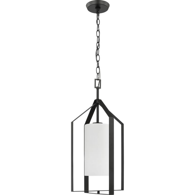 Vertex Collection One-Light Matte Black Etched White Contemporary Foyer Light - 12 in x 12 in x 22.5 in
