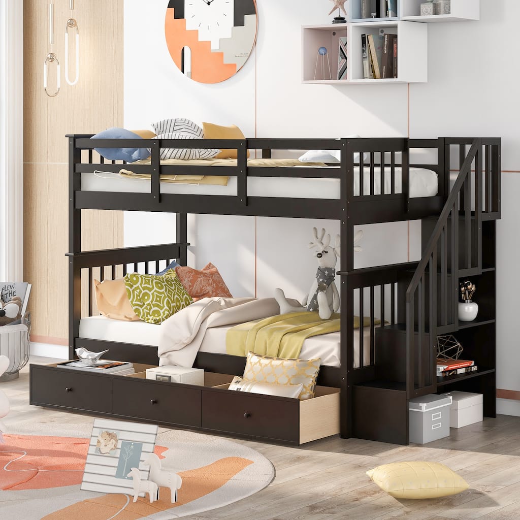Twin-Over-Twin Bunk Bed with Stairs and Three Drawers, Espresso Finish