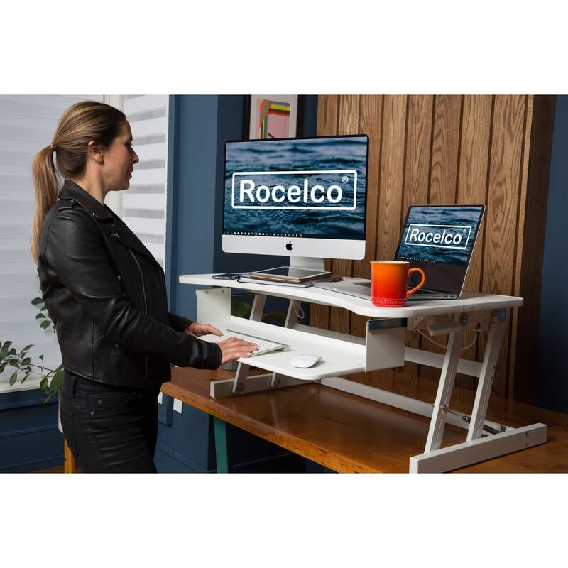 Rocelco 37.5 in. W White Deluxe Height Adjustable Standing Desk Converter Dual Monitor Riser with Gas Spring Assist System