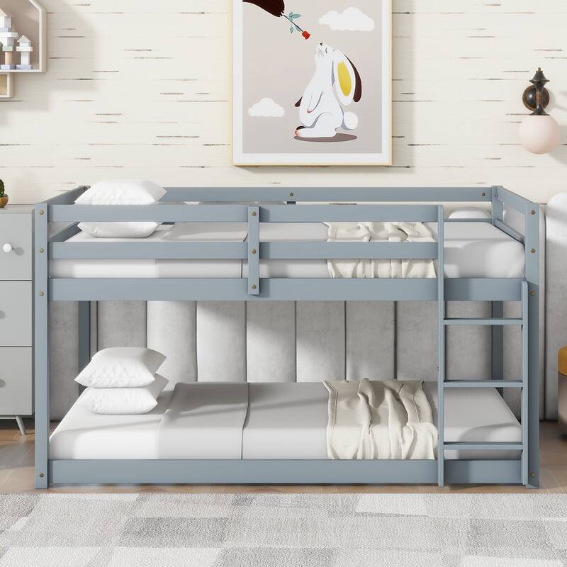 Low Loft Bed with Ladder, Solid Rubber Wooden Bed Frame for Multi Children, Floor Bed - Available with or without Slats