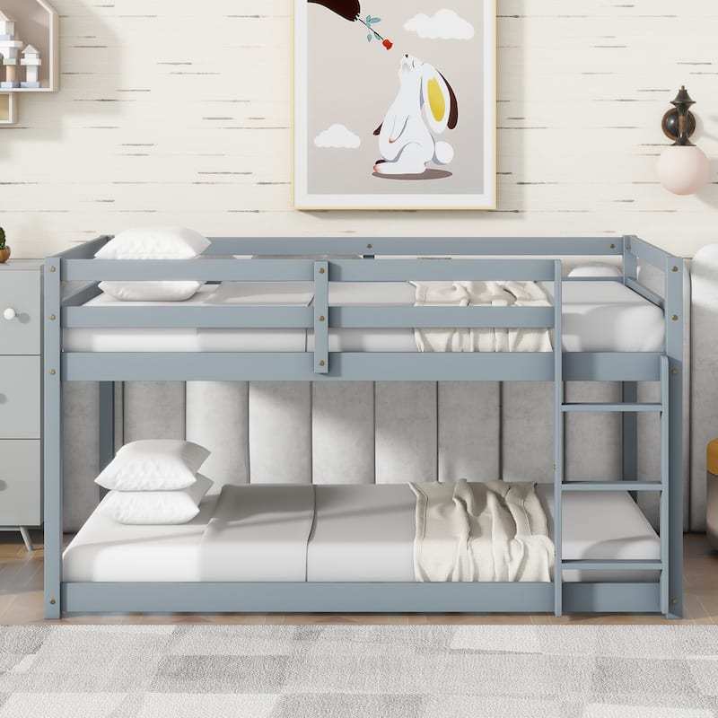 Roomfitters Solid Rubber Wood Twin over Twin Floor Bunk Bed with Ladder, Reinforced Slat Platforms, Low Height Design - Gray - Twin