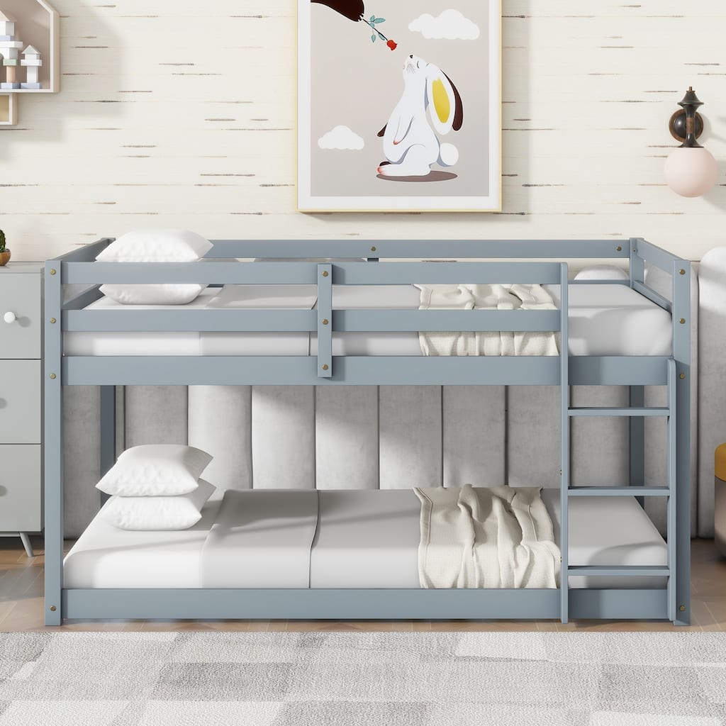 Roomfitters Solid Rubber Wood Twin over Twin Floor Bunk Bed with Ladder, Reinforced Slat Platforms, Low Height Design