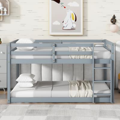 Solid Rubber Wood Twin over Twin Floor Bunk Bed - with Ladder, Strengthened Slats for Upper & Bottom Platforms