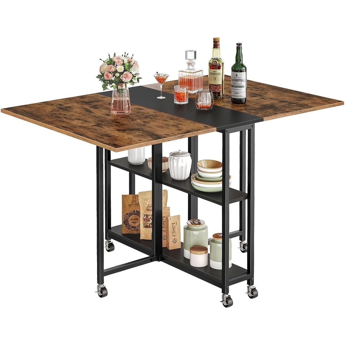 Foldable Mobile Dining Table with Wheels & Shelves, Expandable Kitchen Table for Small Spaces, Rustic Brown - Rustic Brown