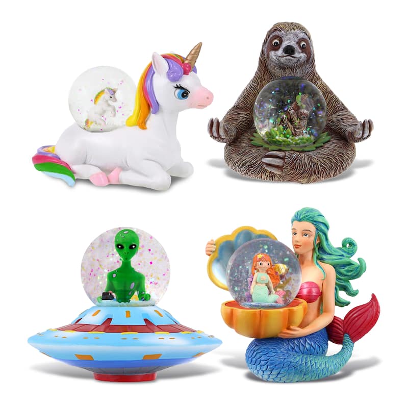 CoTa Global Unicorn, Sloth, Space Saucer, Mermaid Snow Globe Set of 4 - 45 mm