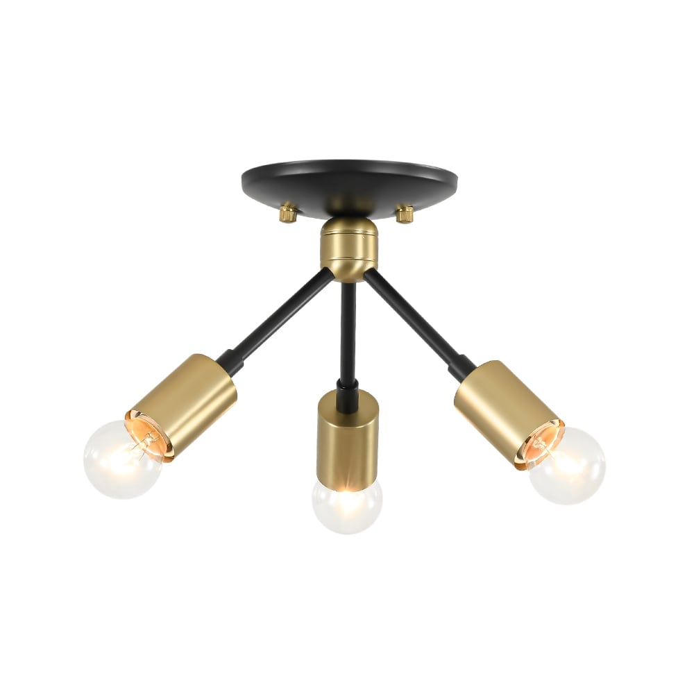 3-Light Industrial Black and Brass Sputnik Semi-Flush Mount Light - 10.2"