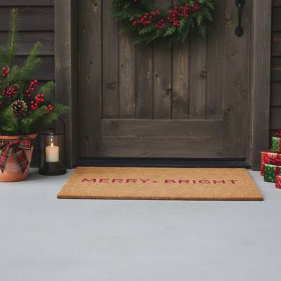 HomeRoots 17" X 29" Brown And Pink Christmas Merry and Bright Outdoor Coir Door Mat - 17.00' X '29.00
