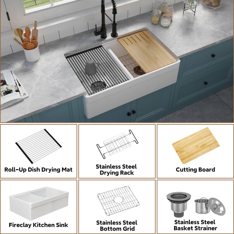 33 in. Farmhouse Double Bowl White Fireclay Workstation Kitchen Sink Complete Set - Drying Rack & Cutting Board Included