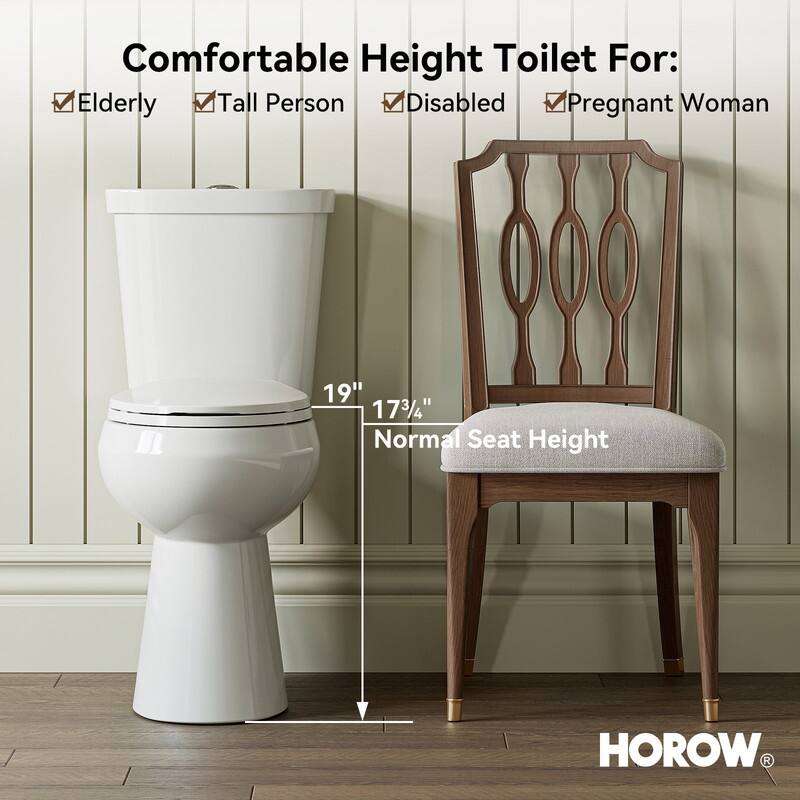 HOROW 19 Inch ADA Tall 2 Piece High Efficiency Dual Flush Round Toilet White 1.1 /1.6 GPF Strong Flush Seat Included - 19 Inch